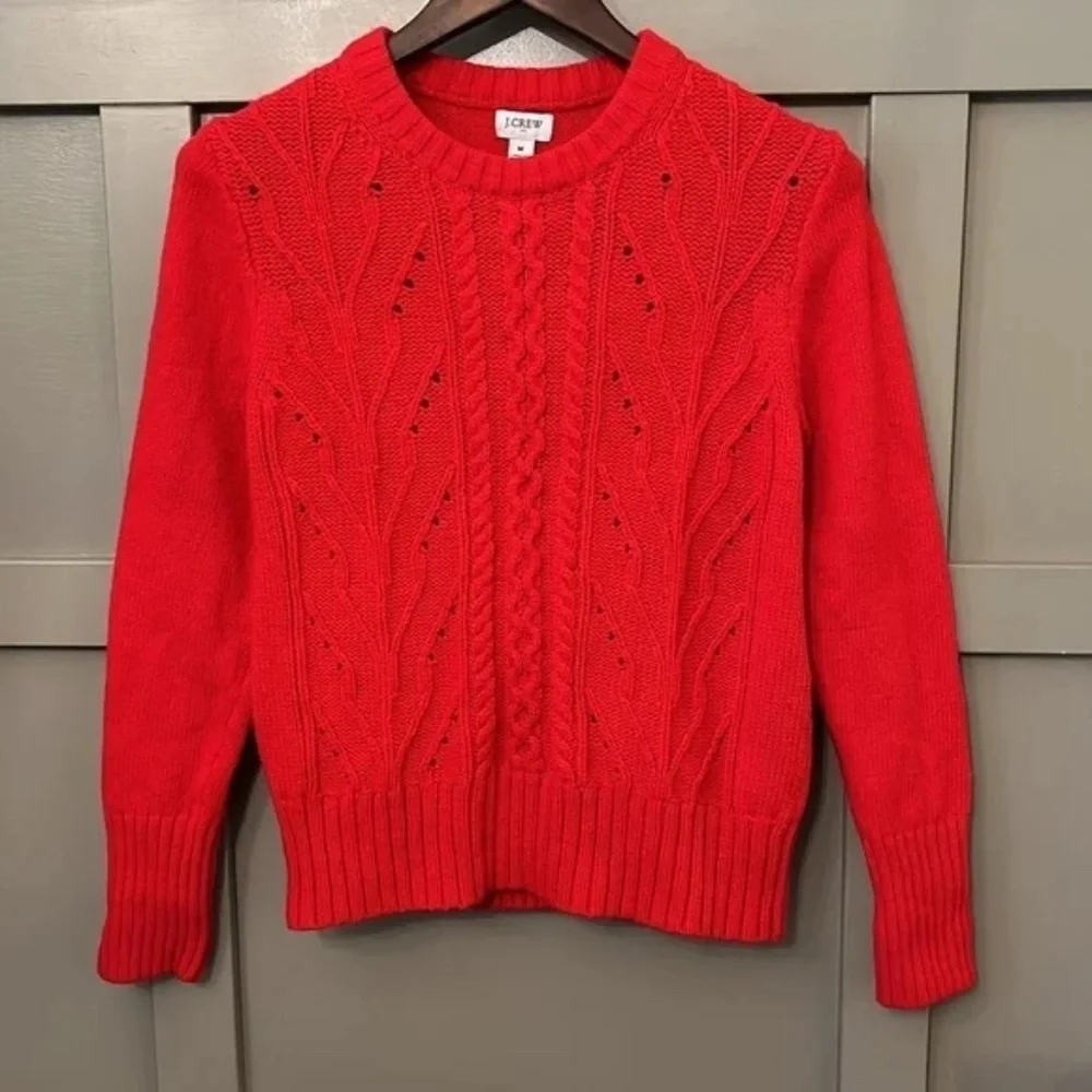 J. Crew Pointelle Cable Front Pullover Sweater Lambs Wool Red Size Medium